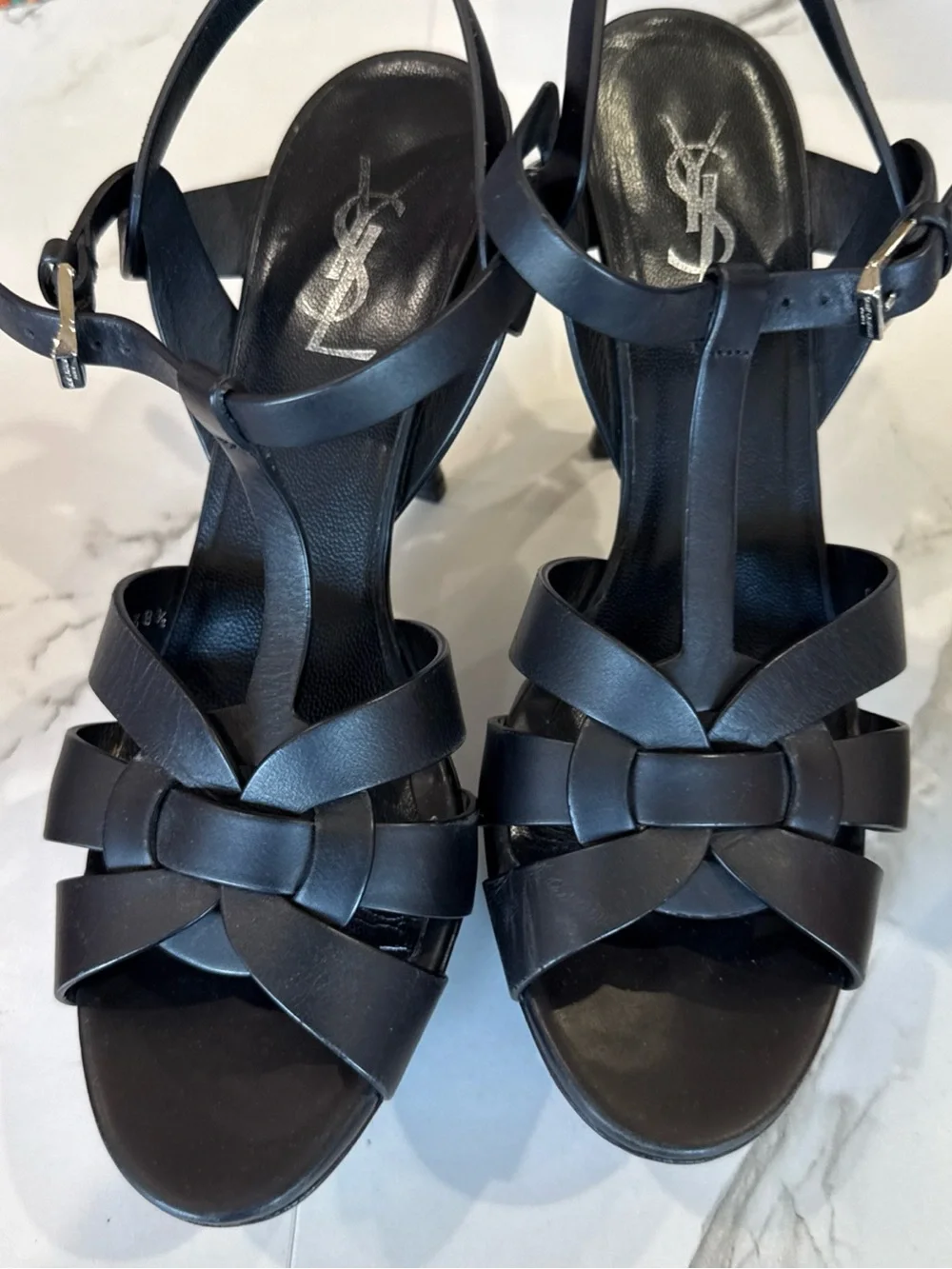 Saint Laurent Black Leather Knotted T-Strap Heels